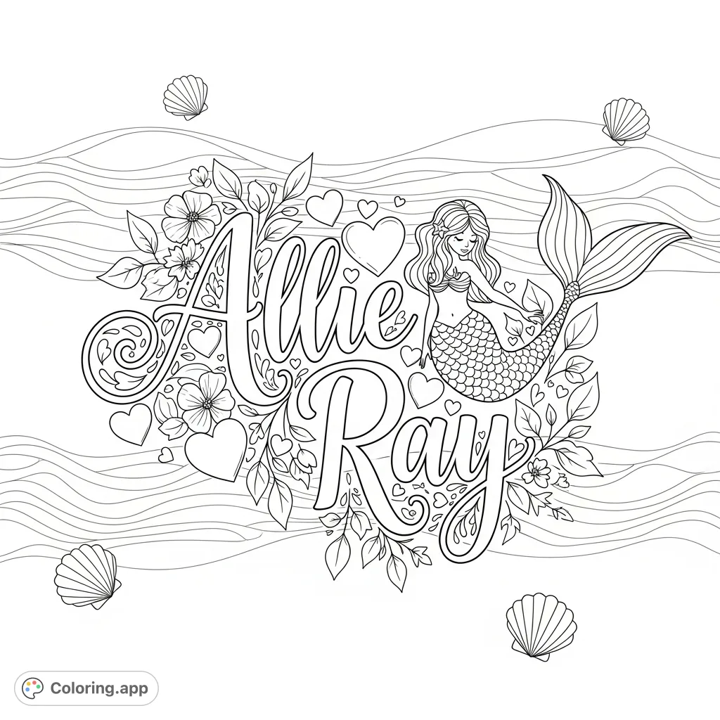 A delightful Allie Ray coloring page featuring elegant cursive, a whimsical mermaid, hearts, flowers, and seashells amidst flowing ocean waves. Perfect for personalization!