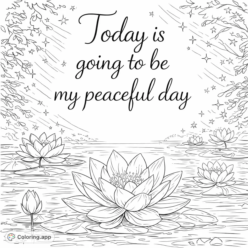 Discover tranquility with this serene lotus pond coloring page, featuring blooming flowers, lily pads, and a peaceful water scene.