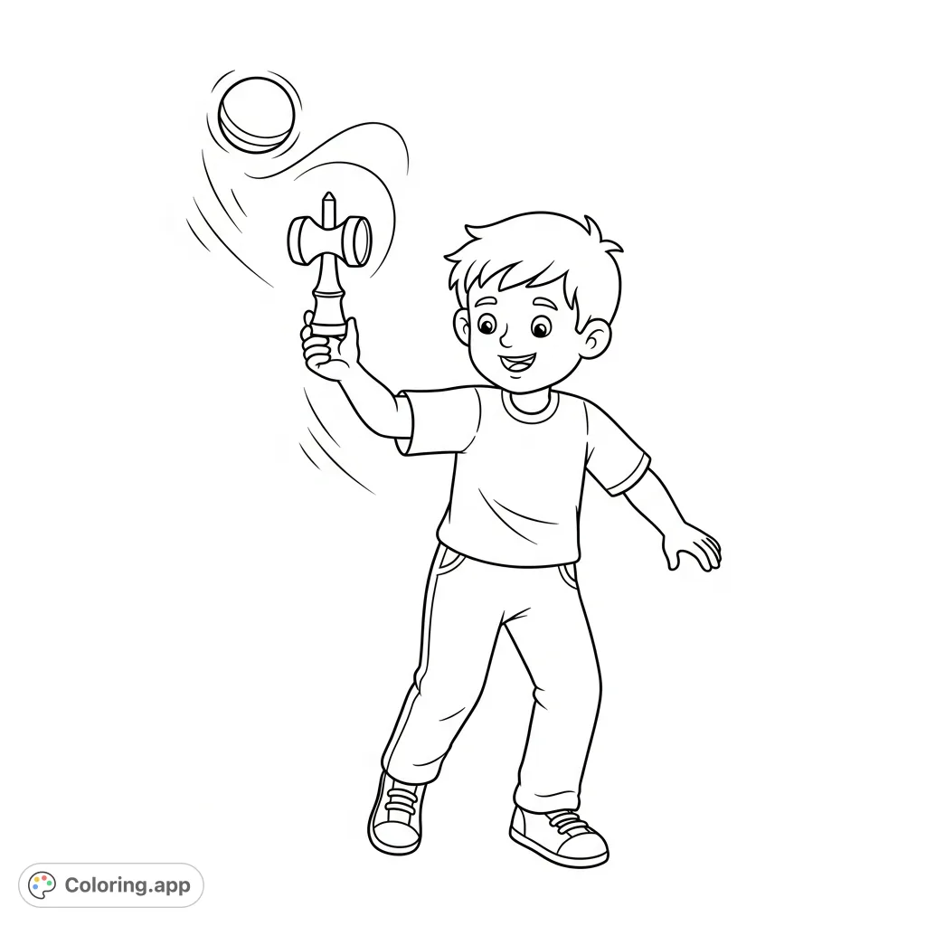 A dynamic kendama coloring page featuring a happy, sporty boy mid-trick, with the ball poised to land. Perfect for kids and kendama enthusiasts!