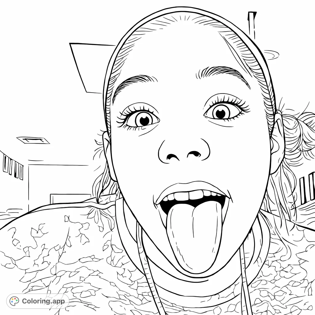 Capture a moment of pure fun with this playful portrait coloring page featuring a person making a humorous, wide-eyed expression with their tongue out.