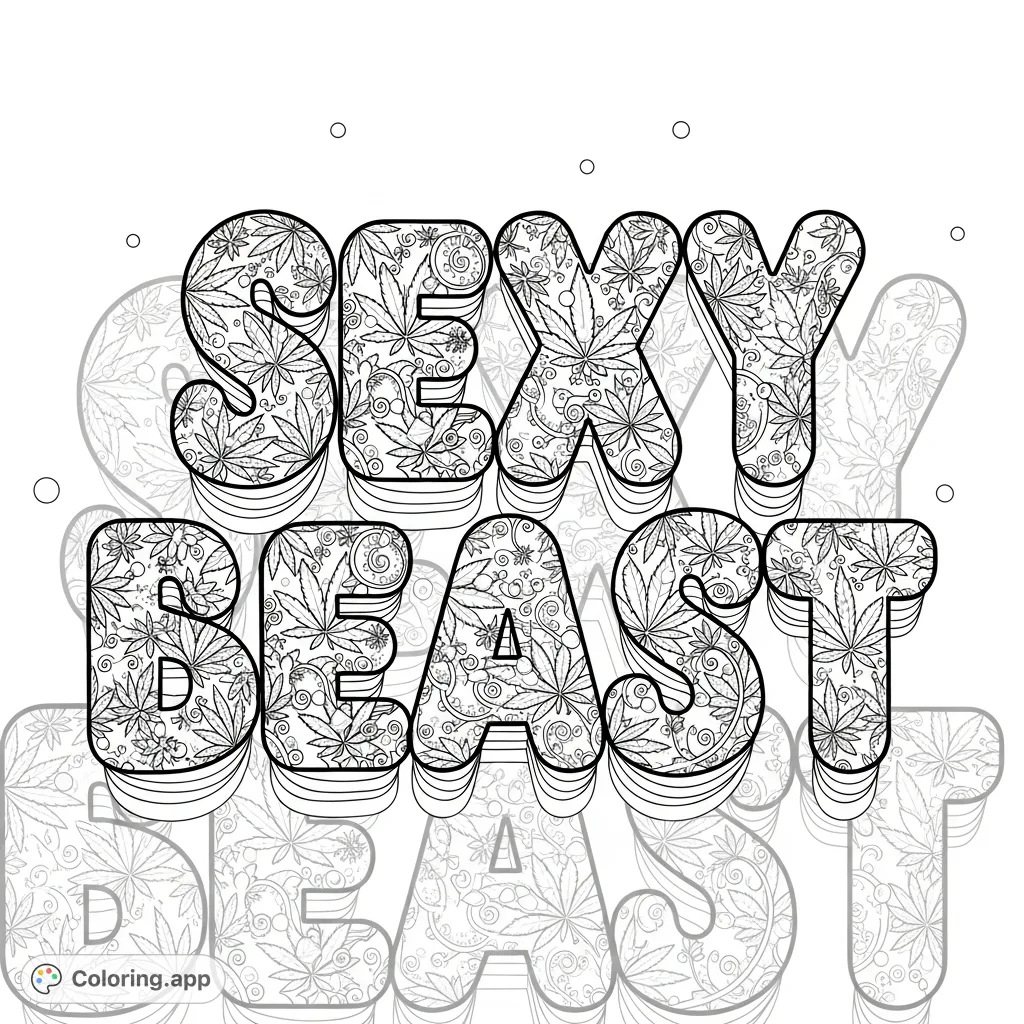 Unleash creativity with this unique 'Sexy Beast' typography coloring page, featuring plump bubble letters intricately detailed with cannabis leaves and decorative swirls.