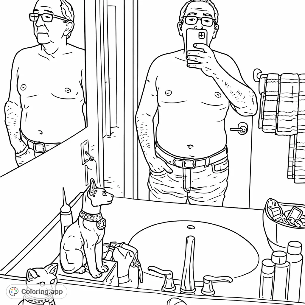 A unique scene depicting a person taking a mirror selfie in a bathroom, complete with sink, faucet, and distinctive cat figurines on the counter.