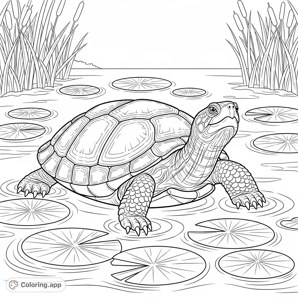 Discover a unique pond turtle coloring page featuring a large turtle with a discerning gaze amidst lily pads and reeds. A free printable animals coloring page.