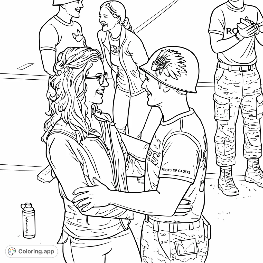 Capture a heartwarming moment of a young couple laughing and embracing on a sports field. Features a cadet in uniform and a joyous companion.