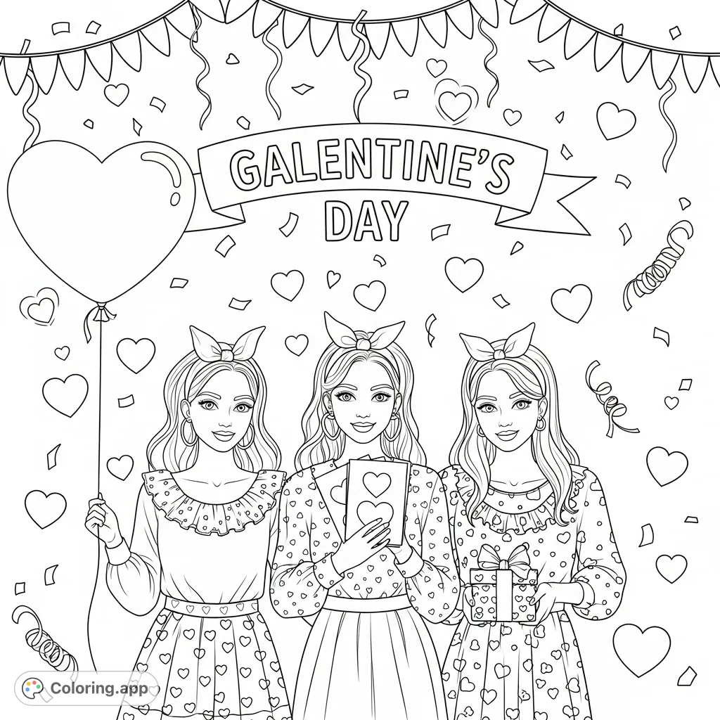 Celebrate friendship with this delightful Galentine's Day coloring page featuring three cheerful girls, hearts, and festive decorations. Perfect for expressing love for friends.