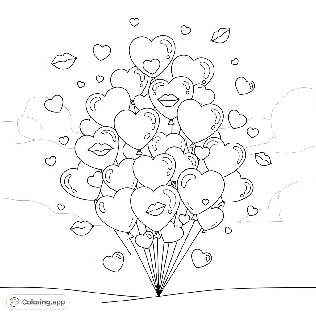 A delightful valentines coloring page featuring a whimsical cluster of heart-shaped balloons, adorned with playful kisses and scattered hearts, perfect for spreading love.