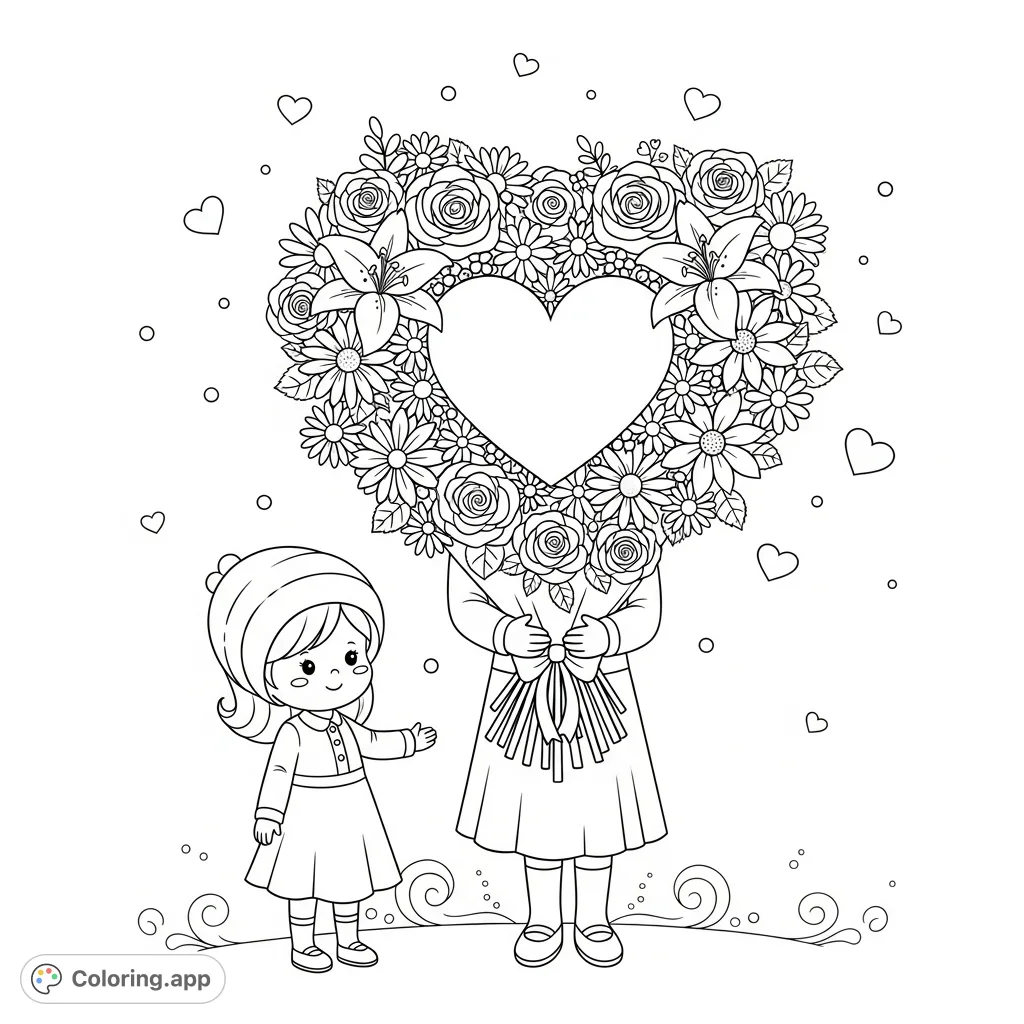 A charming sweetheart presents a beautiful heart-shaped flower bouquet, surrounded by delicate romantic patterns, perfect for a heartwarming Valentine's Day coloring page.