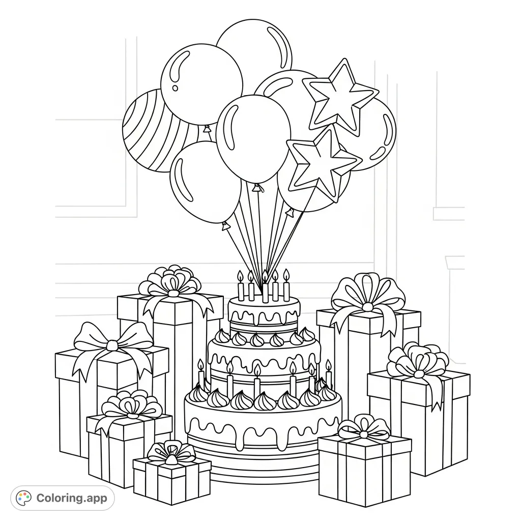 Celebrate a special day with this birthday coloring page featuring a festive cake, stacked gifts, and a cluster of balloons, ready for your creative touch.