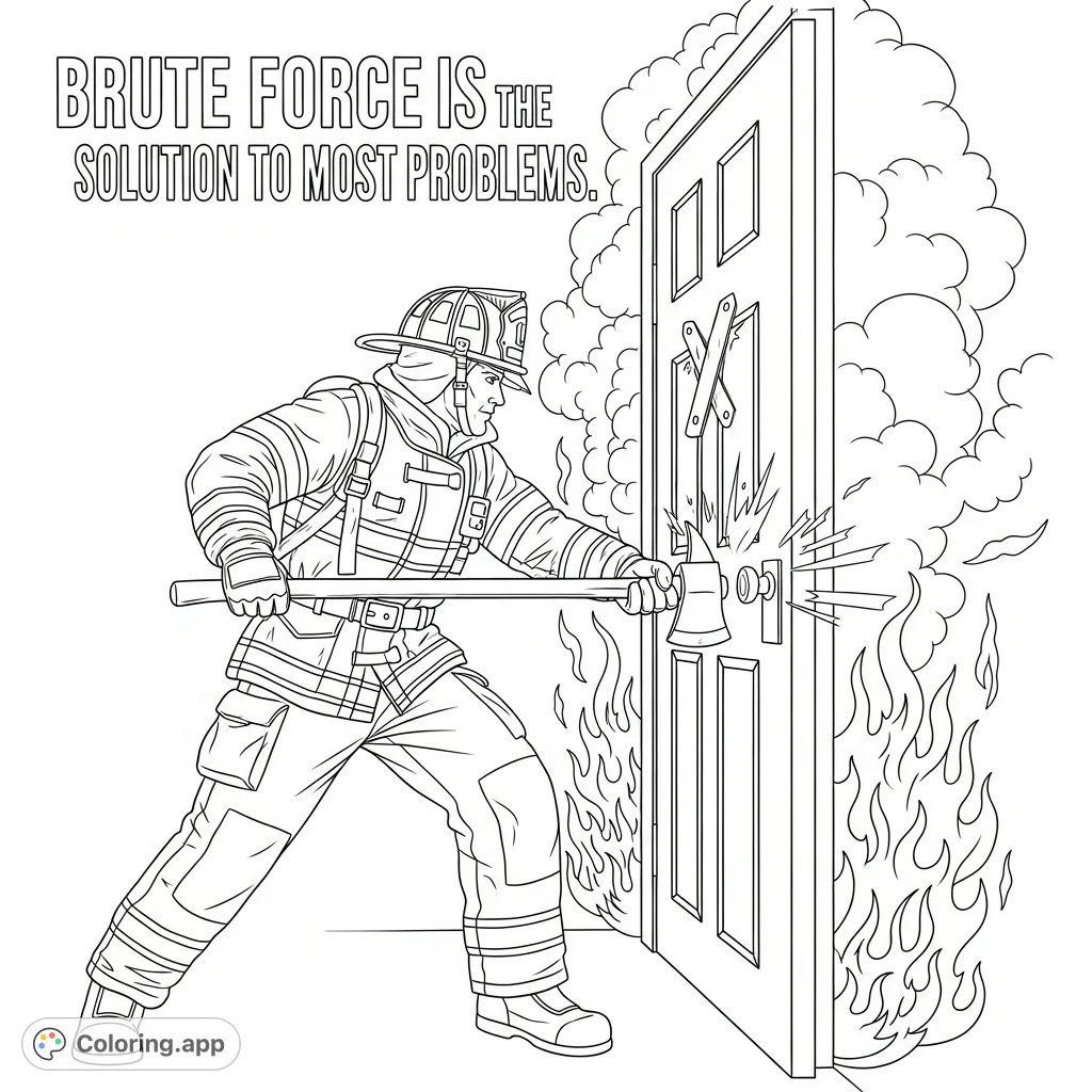 A powerful firefighter in full gear forces entry into a blazing structure, with the motivational quote 'Brute force is the solution to most problems' displayed.