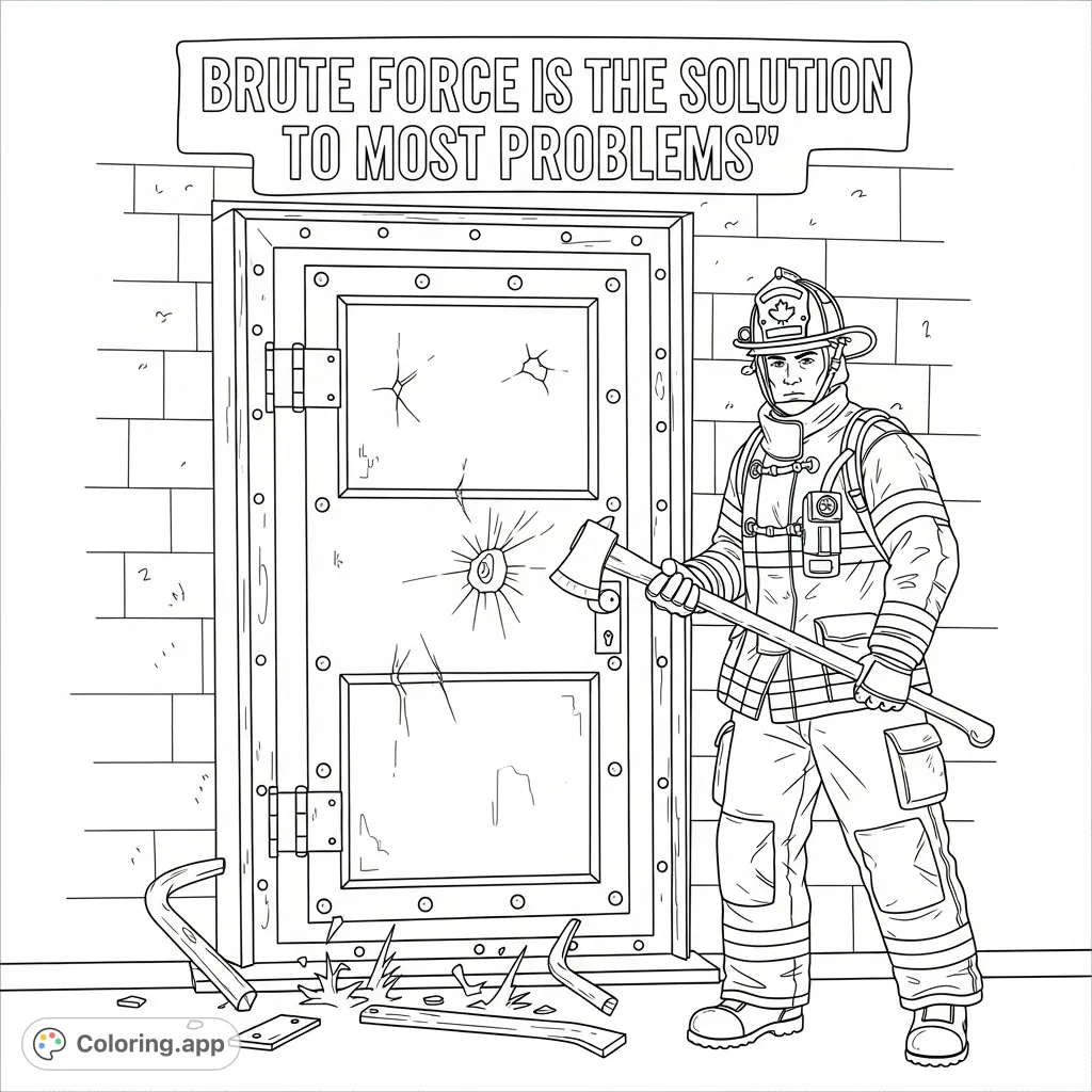 A brave Canadian firefighter performs forcible entry, embodying strength and determination. Features essential gear and the quote "brute force is the solution to most problems."