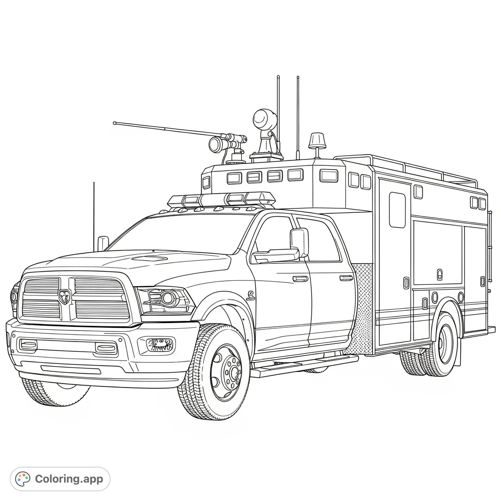 Color a powerful 2019 Dodge Ram command fire truck, featuring intricate details of its specialized body, emergency equipment, and robust design. Perfect for vehicle enthusiasts!