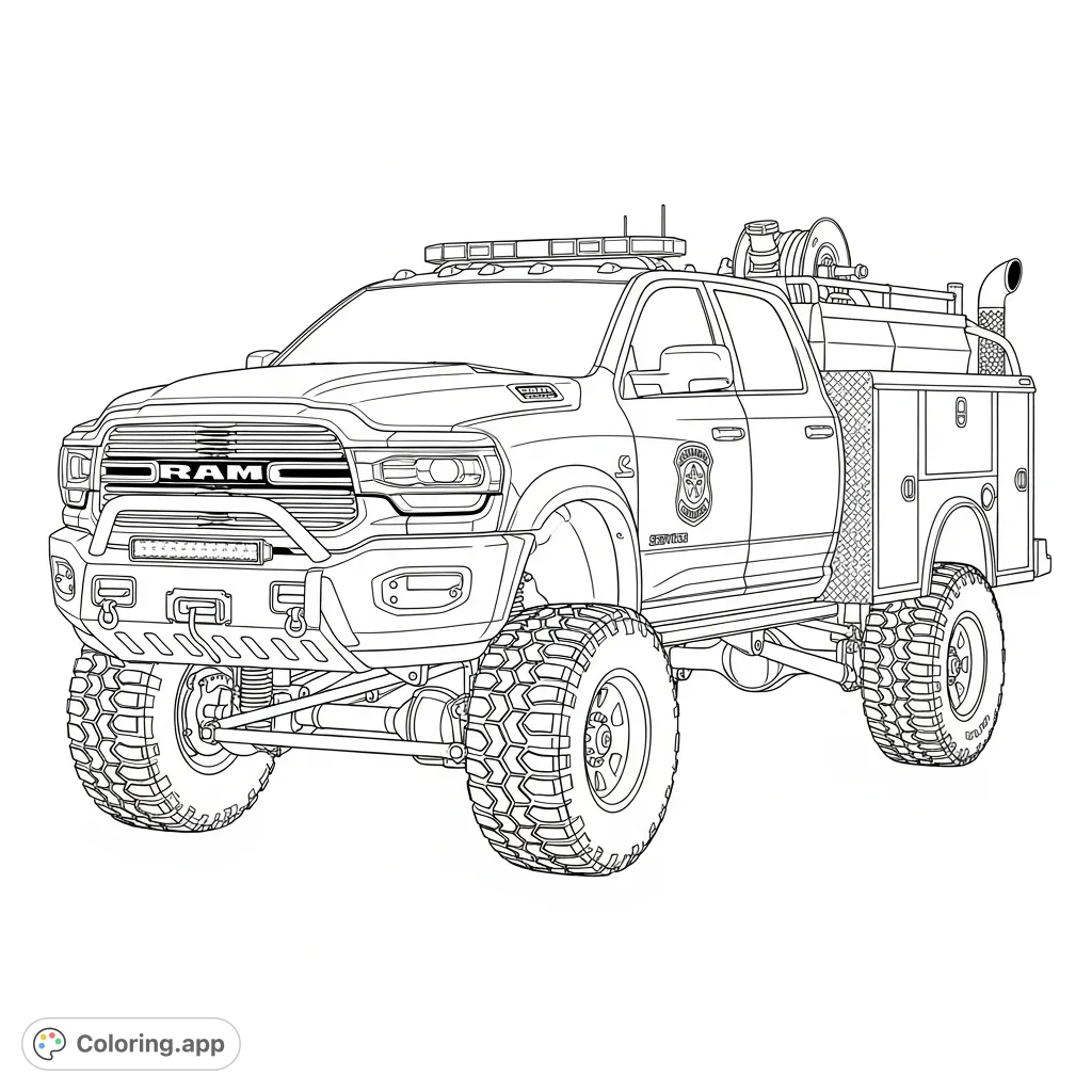 Conquer any terrain with this 2024 Dodge Ram Command 1500 fire truck coloring page, featuring a lifted suspension, aggressive mud tires, and detailed emergency gear. A powerful vehicle coloring page for enthusiasts.