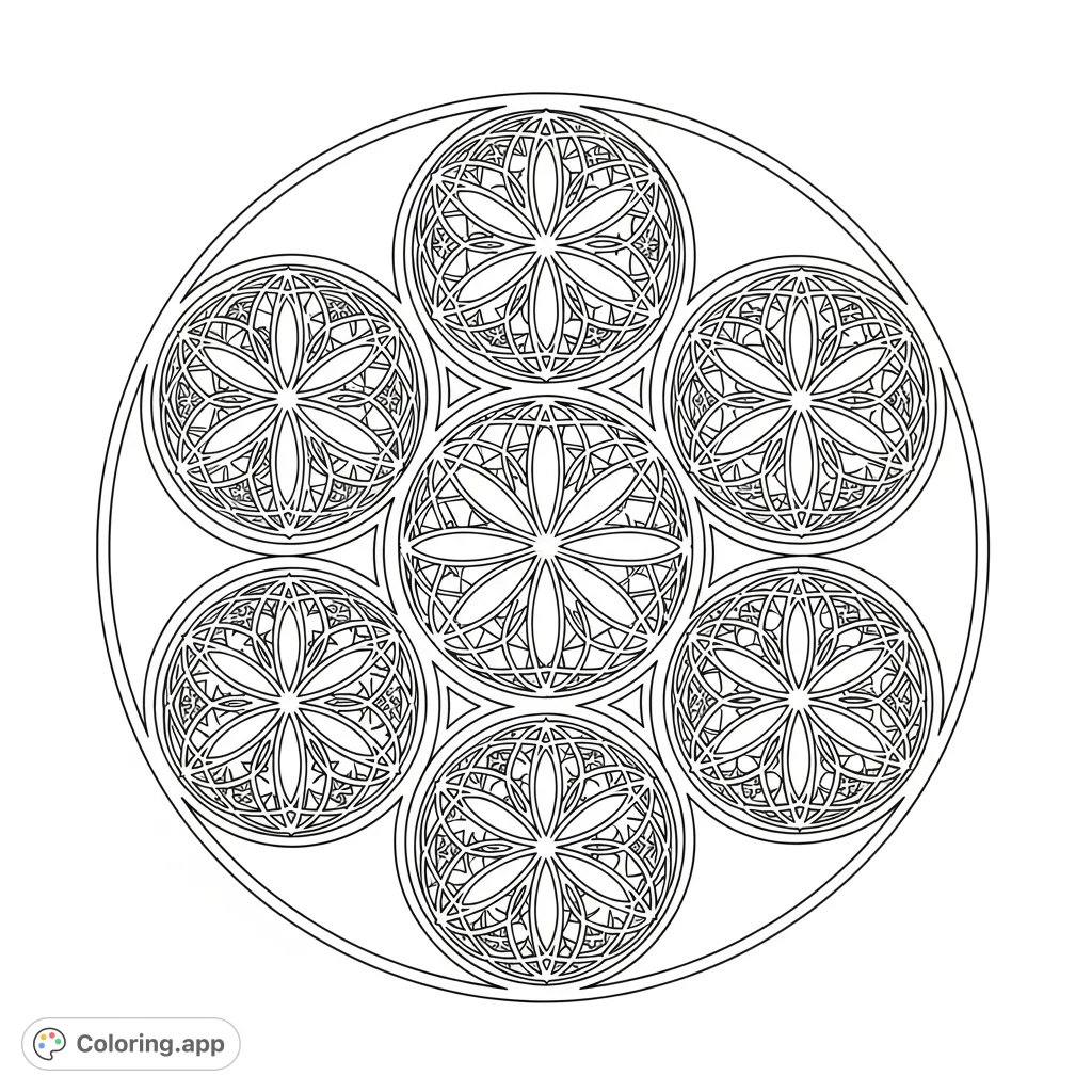 Explore the beautiful Seed of Life, a sacred geometry design featuring intricate, self-similar patterns within each overlapping circle. A mindful coloring journey.