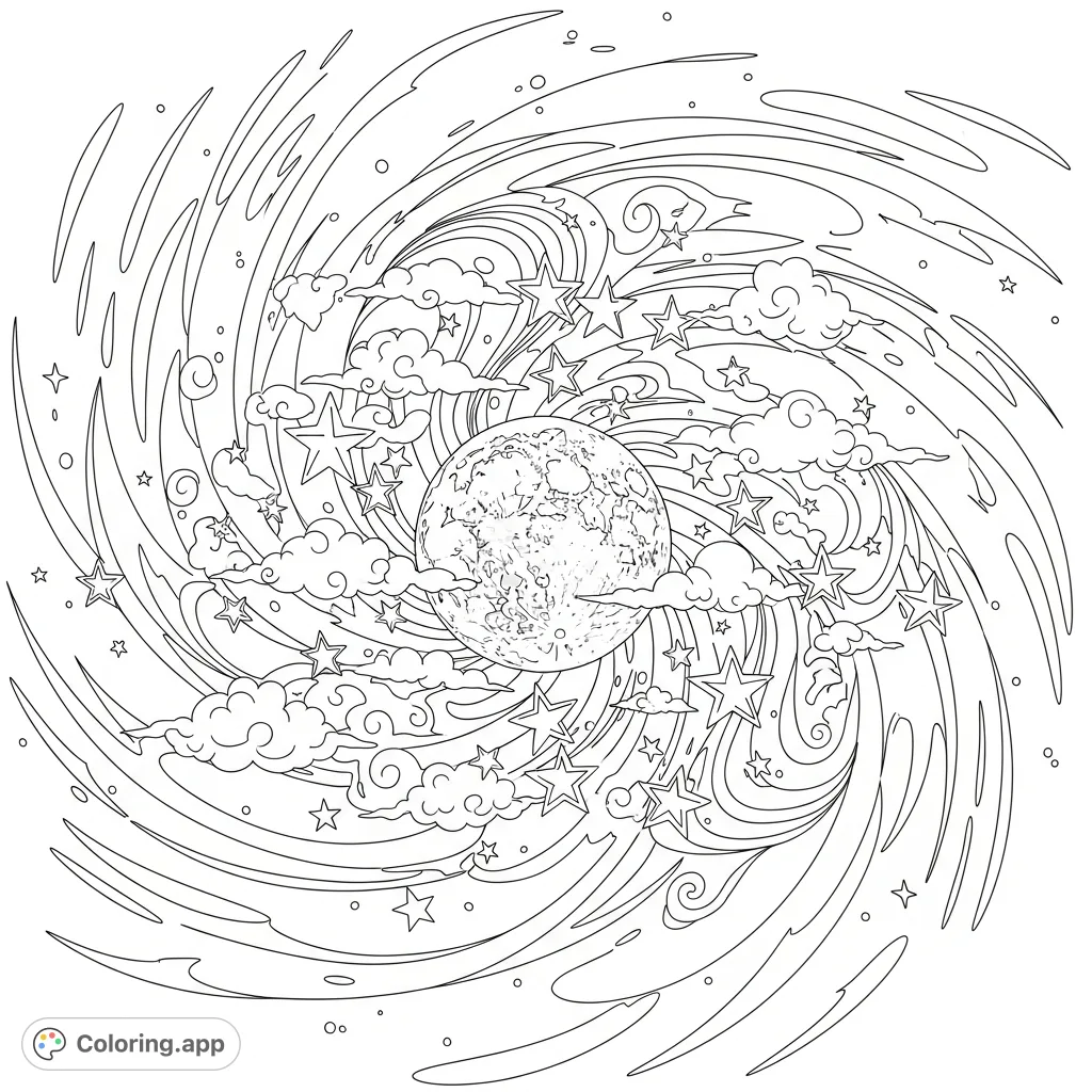 An enchanting abstract celestial coloring page featuring a mystical moon, swirling galaxies, and scattered stars for an intricate coloring experience.
