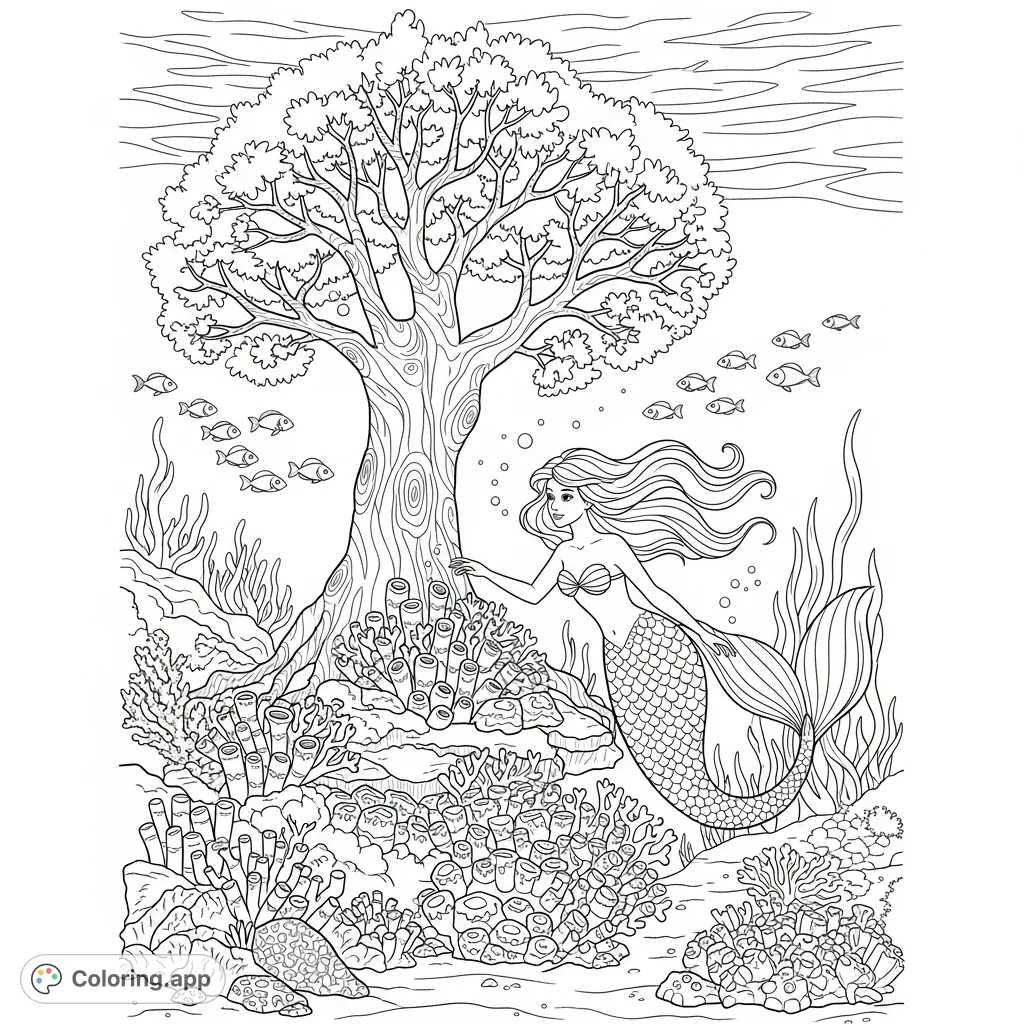 A fantasy scene with a graceful mermaid swimming through an intricate coral reef. A majestic magic tree rises from the seafloor, creating an enchanting underwater world to color.