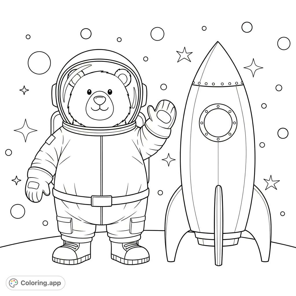 An adorable bear in an astronaut suit stands next to a simple rocket, ready for a fun space adventure. Perfect for young explorers to color and imagine!