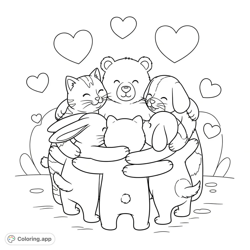 A delightful scene of a bear, cat, dog, and rabbit embracing in a warm circle, surrounded by floating hearts. A heartwarming free printable animal friends coloring page.