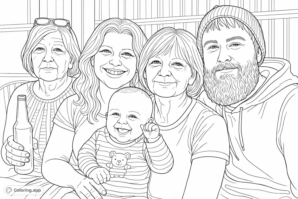 A heartwarming multi-generational family portrait featuring a baby, parents, and grandparents, captured in a joyful moment. Perfect for a personal touch.