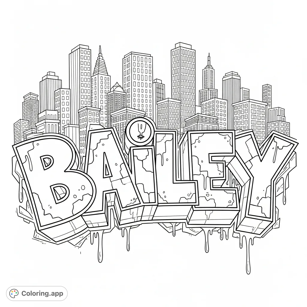 Unleash your creativity with this Bailey graffiti coloring page! Features bold 3D letters against a dynamic cityscape backdrop, perfect for urban art fans.