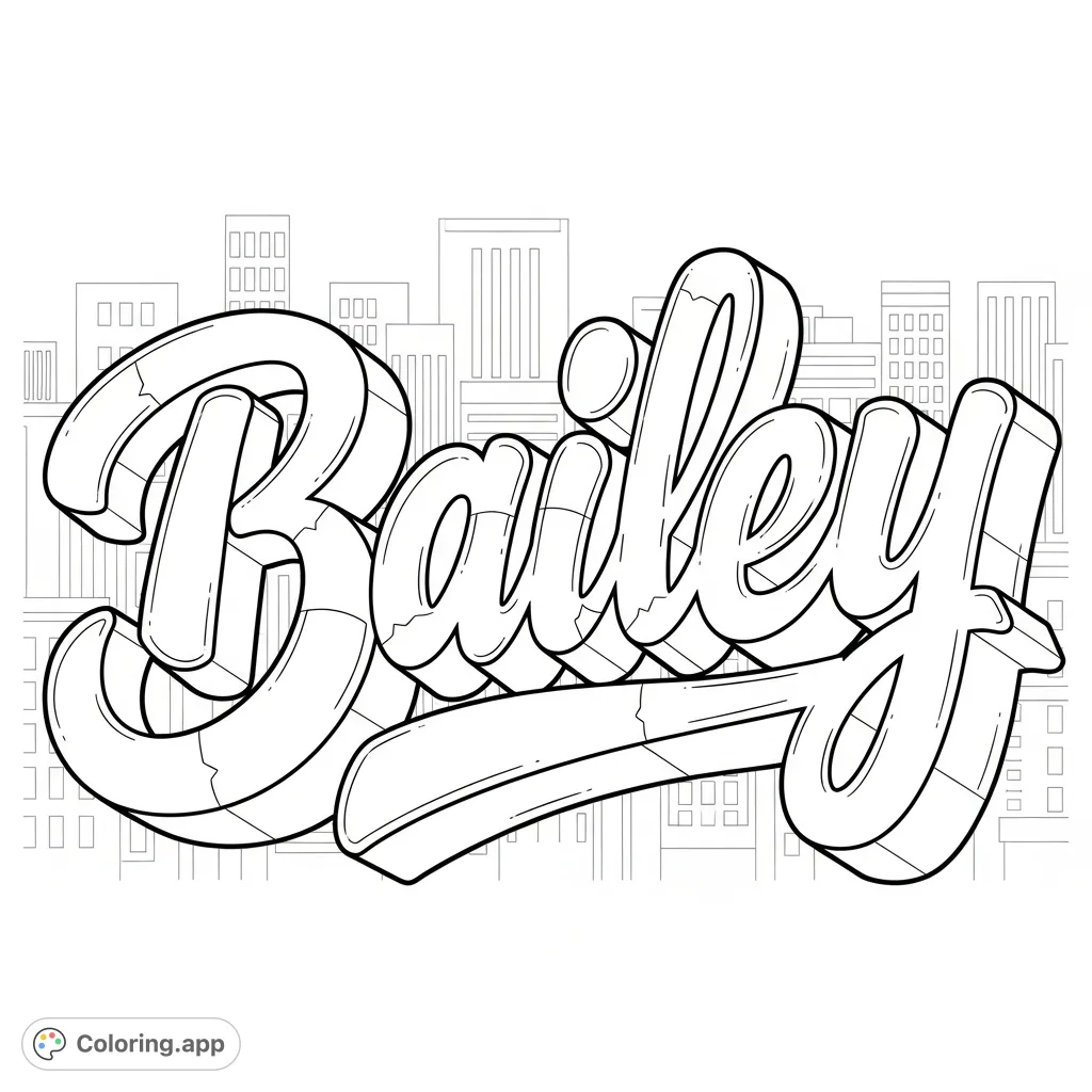 A captivating 3D cursive 'bailey' name coloring page, featuring bold, flowing letters with distinct dimensions for a unique creative experience.