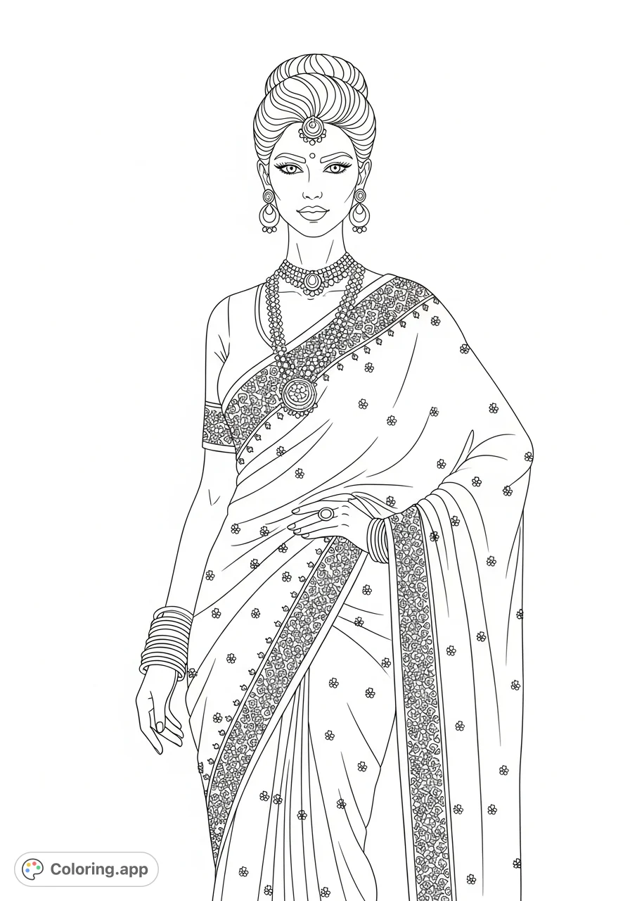 A stunning high fashion saree coloring page featuring a gracefully posed model with intricate jewelry and finely embellished drapery. Perfect for fashion enthusiasts.