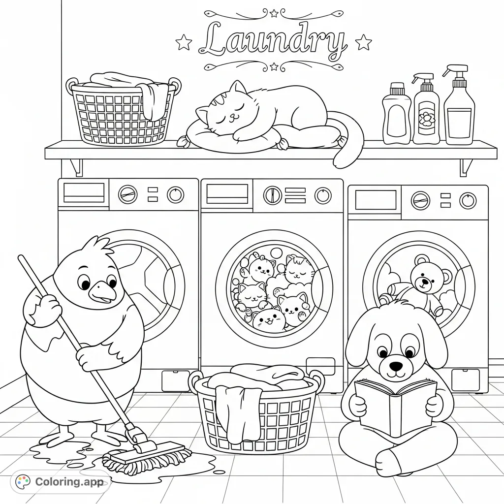 Dive into a charming cartoon laundry room featuring cute animal characters, bustling activity with washing machines, and delightful details, perfect for all ages.