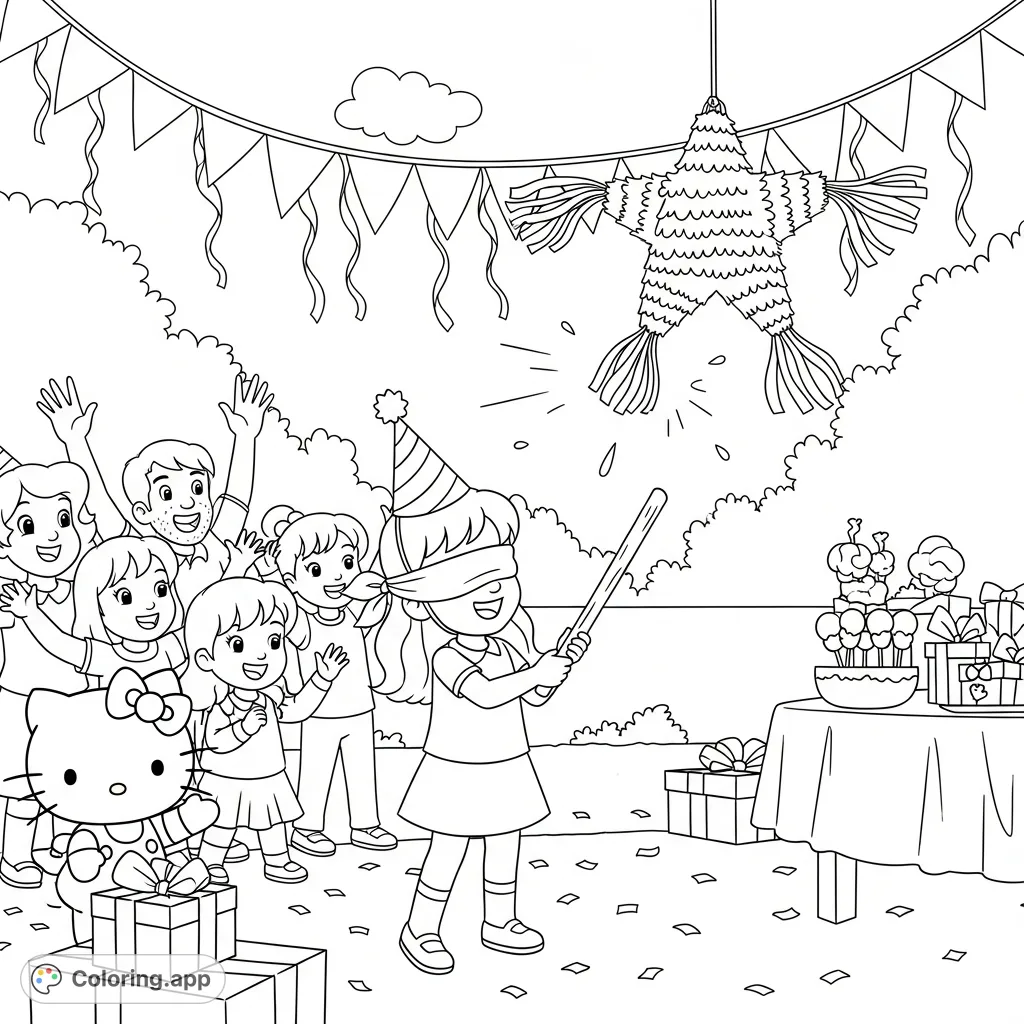 Join Alya and Hello Kitty as they celebrate with friends at a lively piñata party, complete with treats, streamers, and joyful anticipation. A fun free printable coloring page!