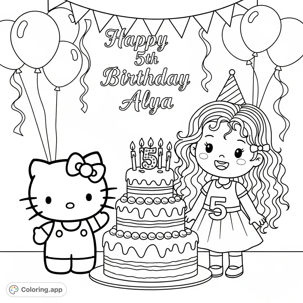 Celebrate Alya's 5th birthday with Hello Kitty, a festive cake, and joyful details. A free printable coloring page perfect for kids!
