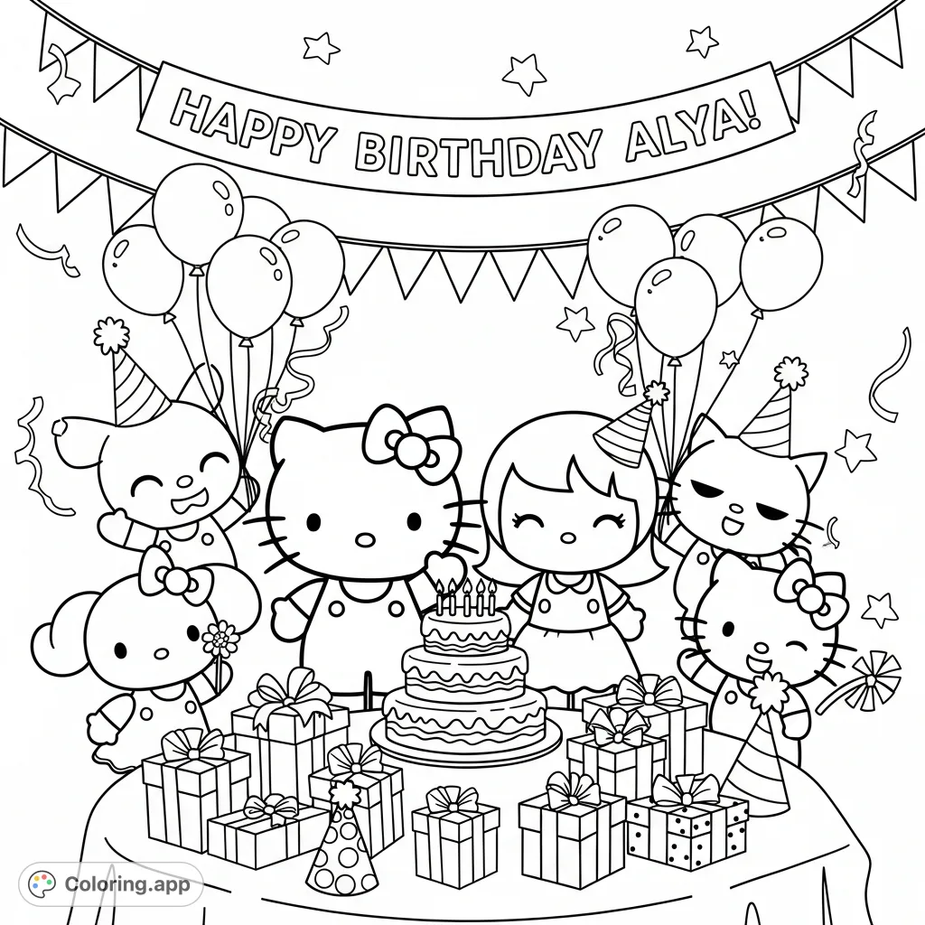 Celebrate Alya's birthday with Hello Kitty and friends! A joyful scene featuring cake, presents, balloons, and beloved characters ready for fun.