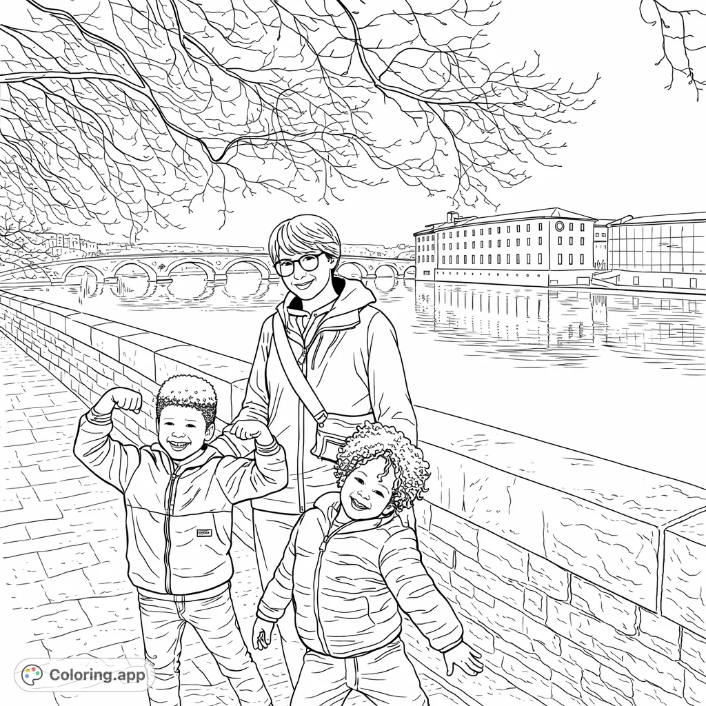 Capture a joyful family moment by the river! An adult and two smiling children pose with a scenic backdrop of bridges, a grand building, and bare trees. Perfect for all ages.