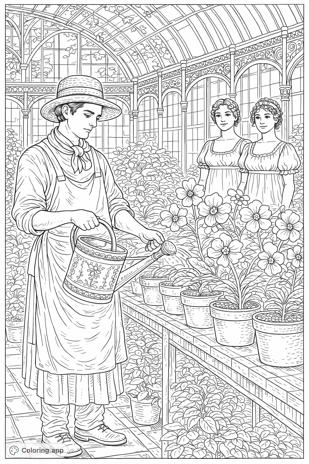 Step into a detailed Victorian greenhouse with a gardener tending to exquisite orchids. Two elegantly dressed women observe the lush flora. A beautiful, intricate scene.