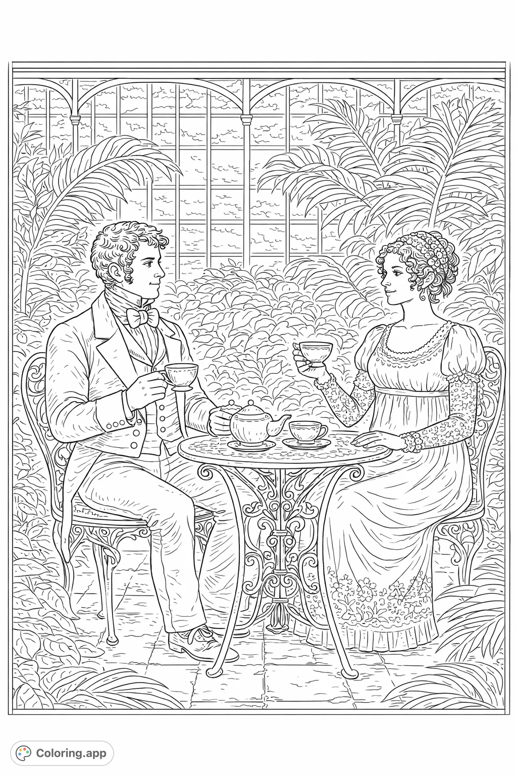 Step into a charming Regency era scene. A sophisticated couple enjoys tea amidst lush conservatory foliage, offering a detailed and elegant coloring experience.