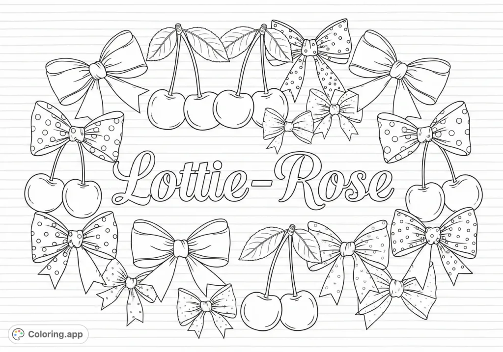 Personalize your art with this charming Lottie-Rose coloring page, featuring elegant script, playful bows, and sweet cherries. Perfect for all ages!