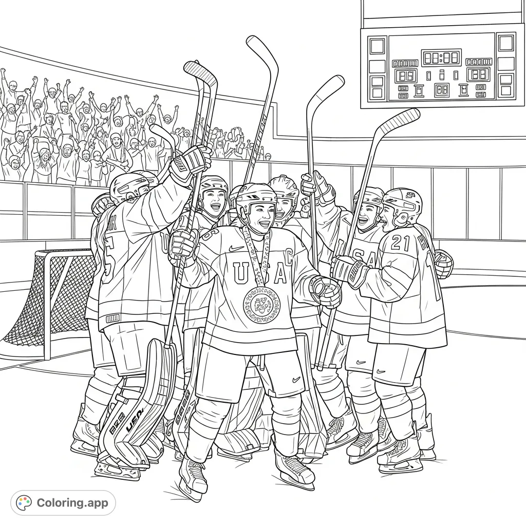Celebrate the thrilling victory of the USA women's ice hockey team winning a gold medal in this detailed, free printable coloring page.