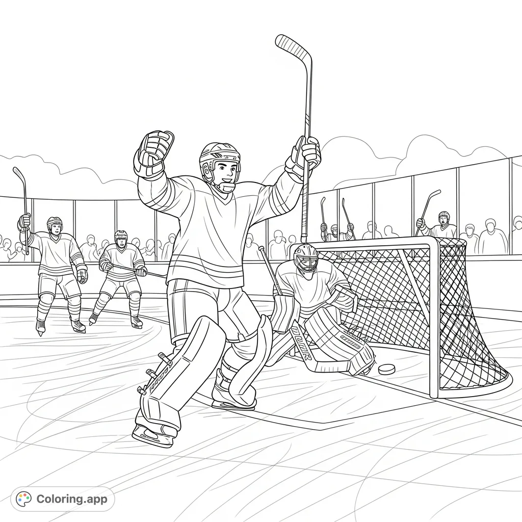 Witness the excitement of an ice hockey team's scorer celebrating a pivotal goal on the rink. A dynamic scene capturing triumph and teamwork.