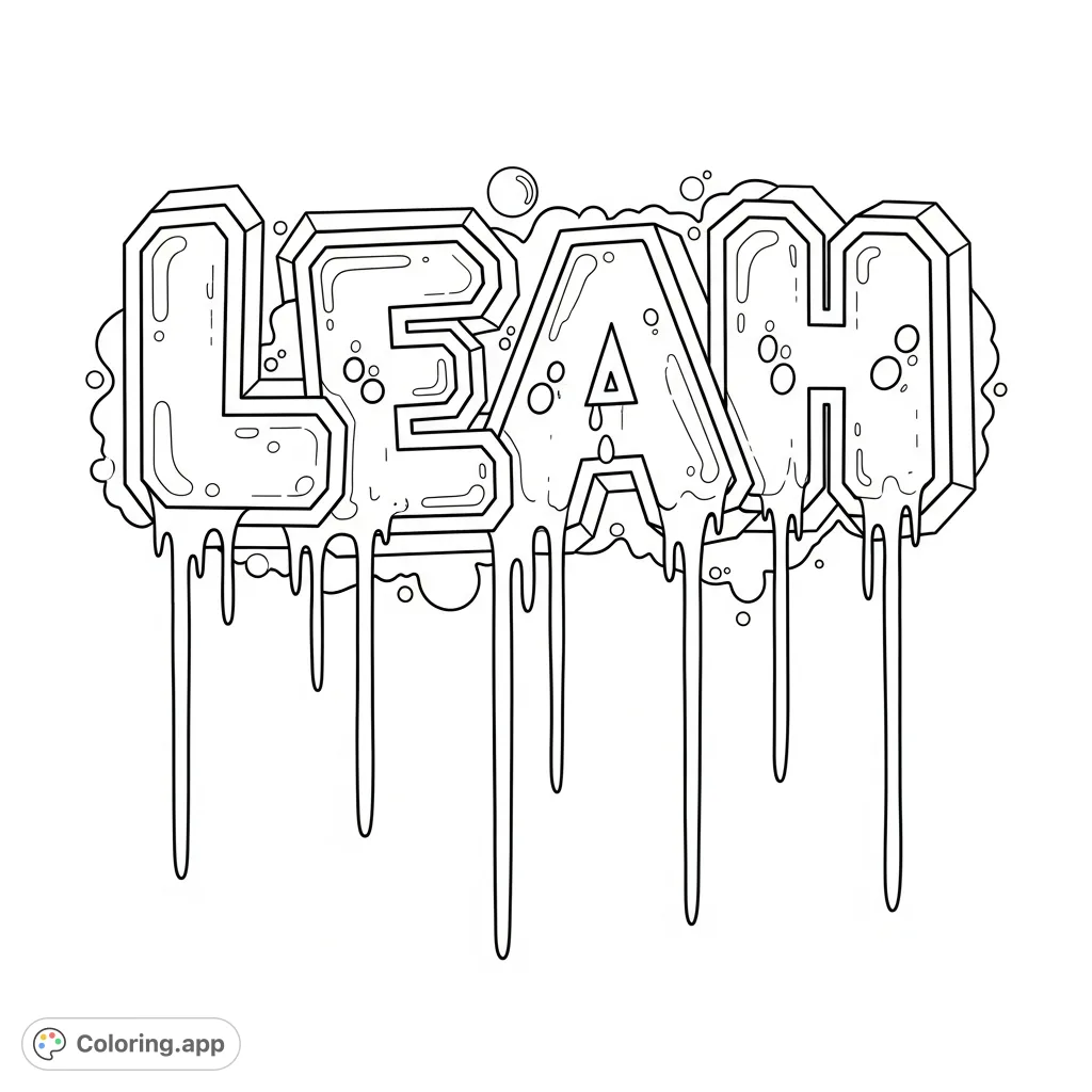 Dynamic "Leah" graffiti artwork featuring bold, blocky letters, dripping elements, and abstract splatters. A captivating design for all ages.