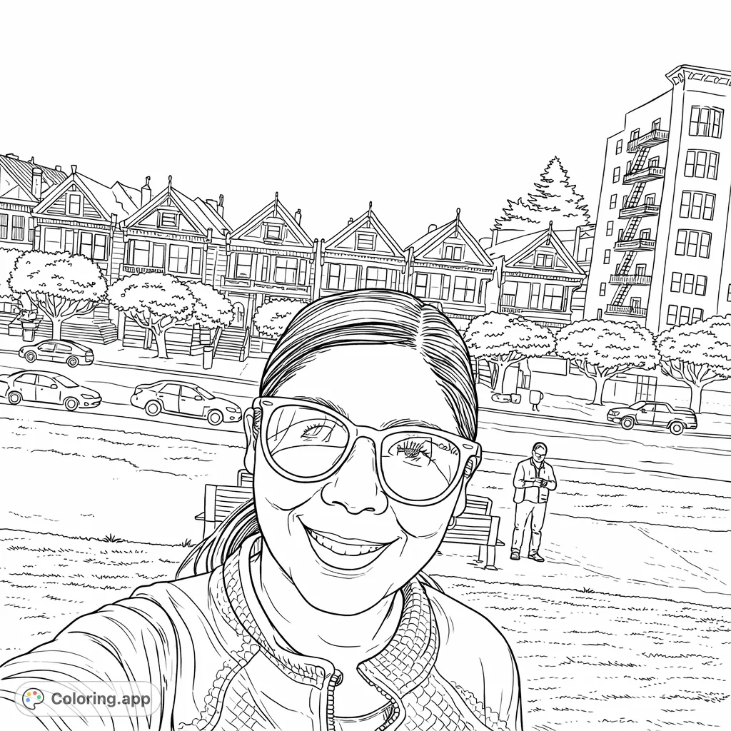 Color a lively scene featuring iconic Victorian houses, a park with visitors, and a friendly face. Perfect for architecture and city lovers.