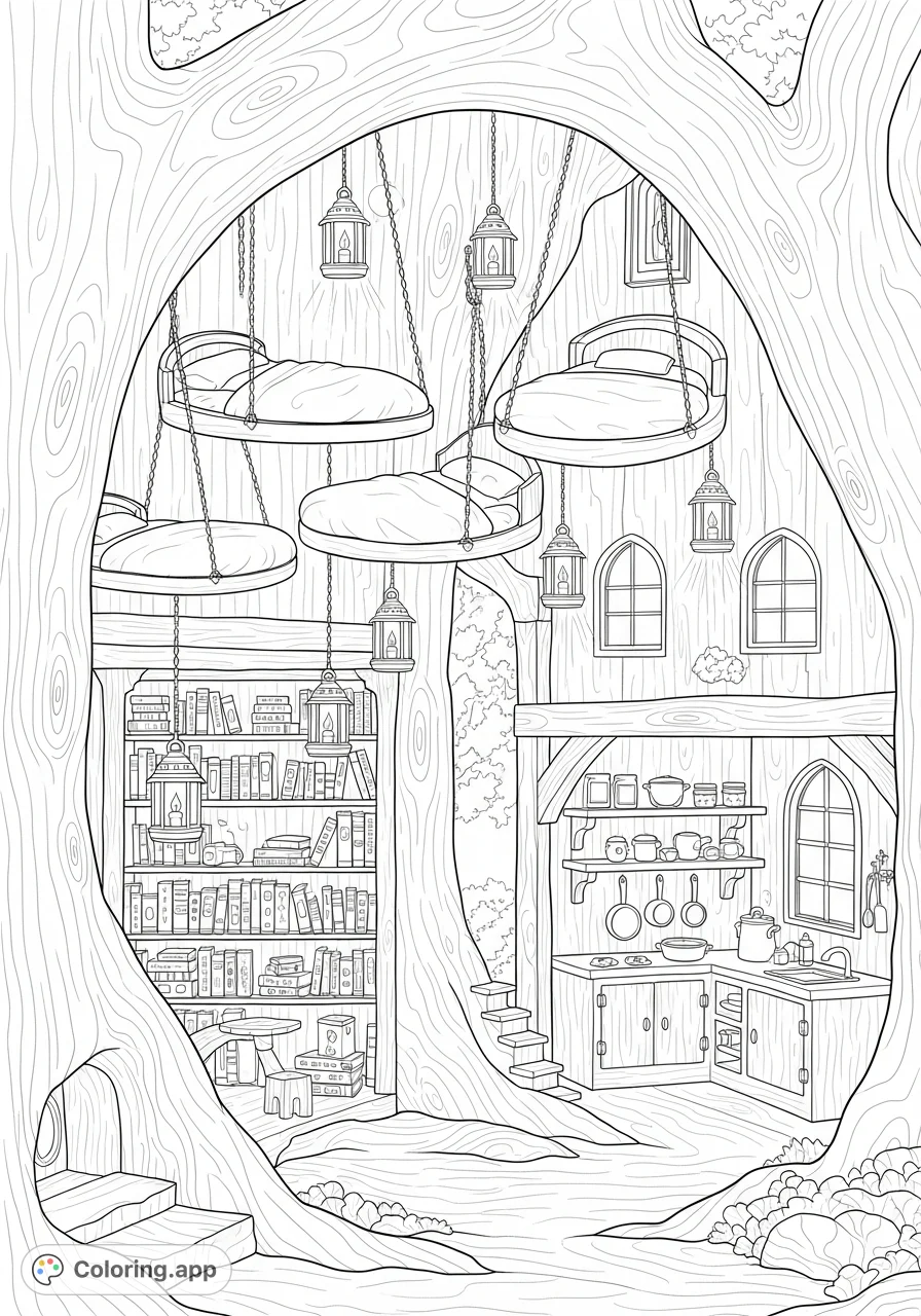 Explore a magical fairy treehouse interior at twilight, featuring hanging beds, a lantern-lit library, and a charming kitchen in an old oak tree.