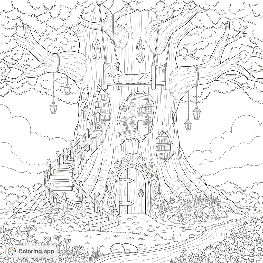 Discover a magical treehouse sanctuary with a hidden library, cozy kitchen, hanging bed, and flourishing gardens. An enchanting free printable coloring page.