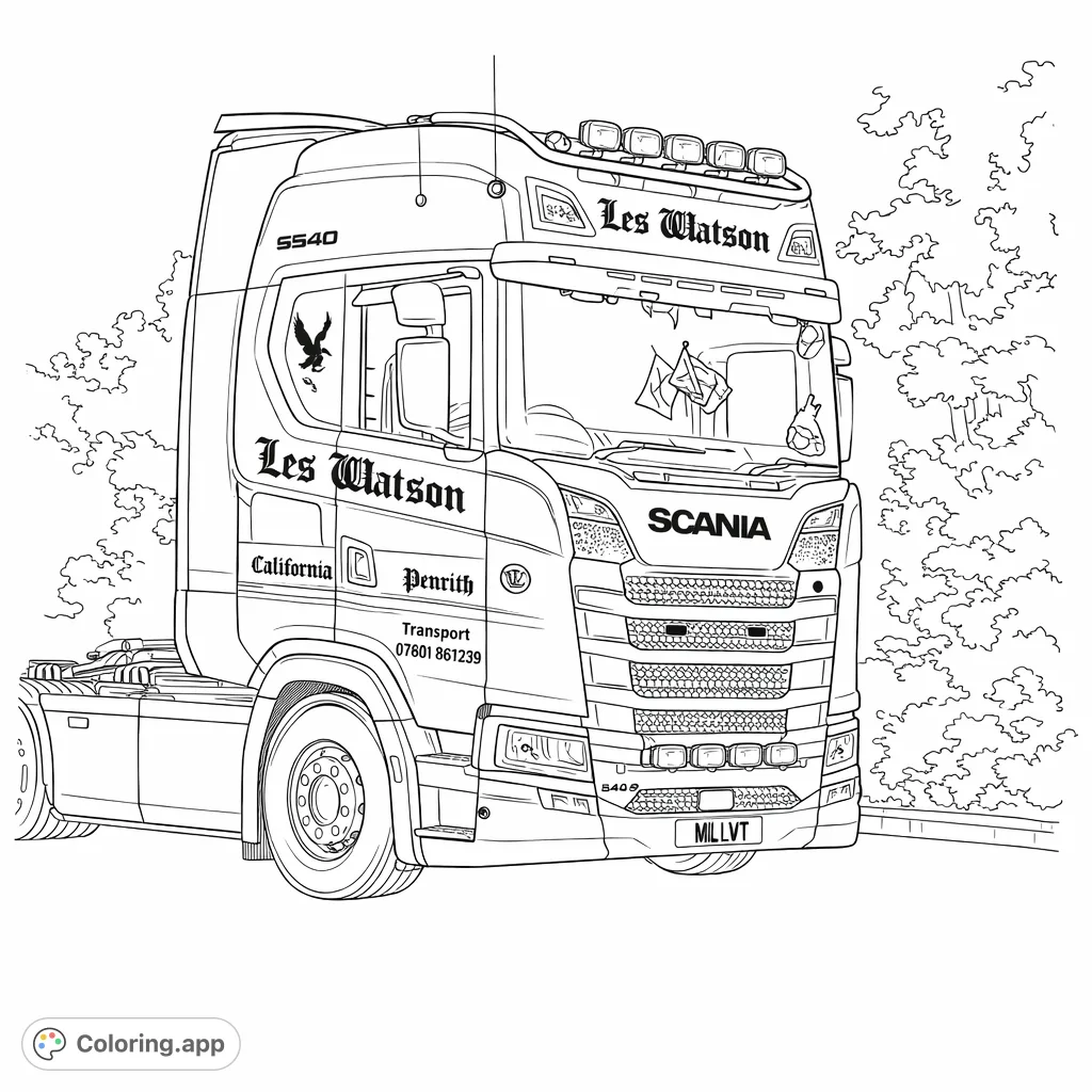Color a powerful semi-truck with intricate details, prominent logos, and a dense natural background, perfect for truck enthusiasts of all ages.