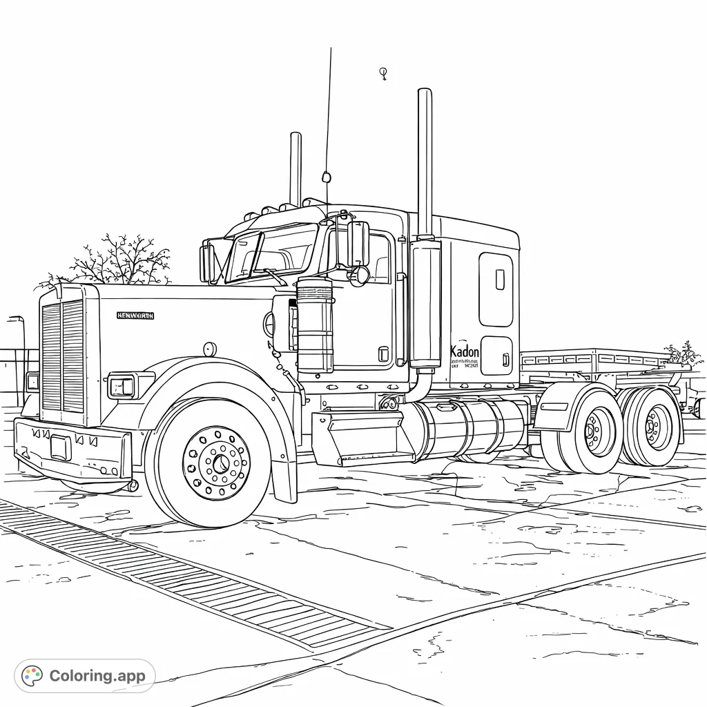 Color a detailed semi-truck featuring a classic design with chrome accents, dual stacks, and sturdy wheels, set on a textured ground.