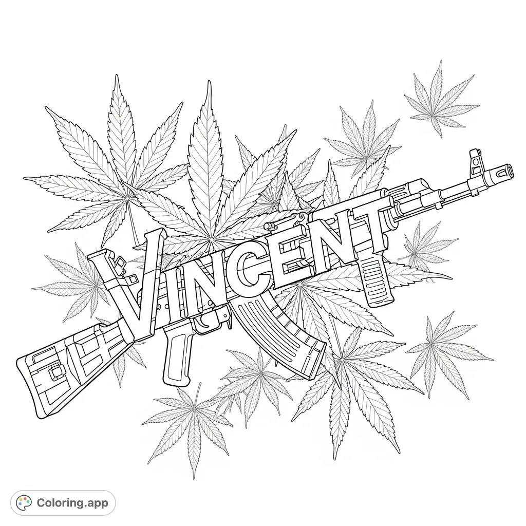 A unique AK-74 Warzone build made from the word 'Vincent' and adorned with broad marijuana leaves, offering a detailed and intriguing coloring challenge.