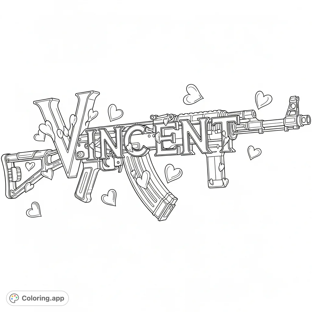 Unleash creativity with this unique AK-74 Warzone build coloring page, intricately formed by the letters 'Vincent' and adorned with 'deadly hearts'.