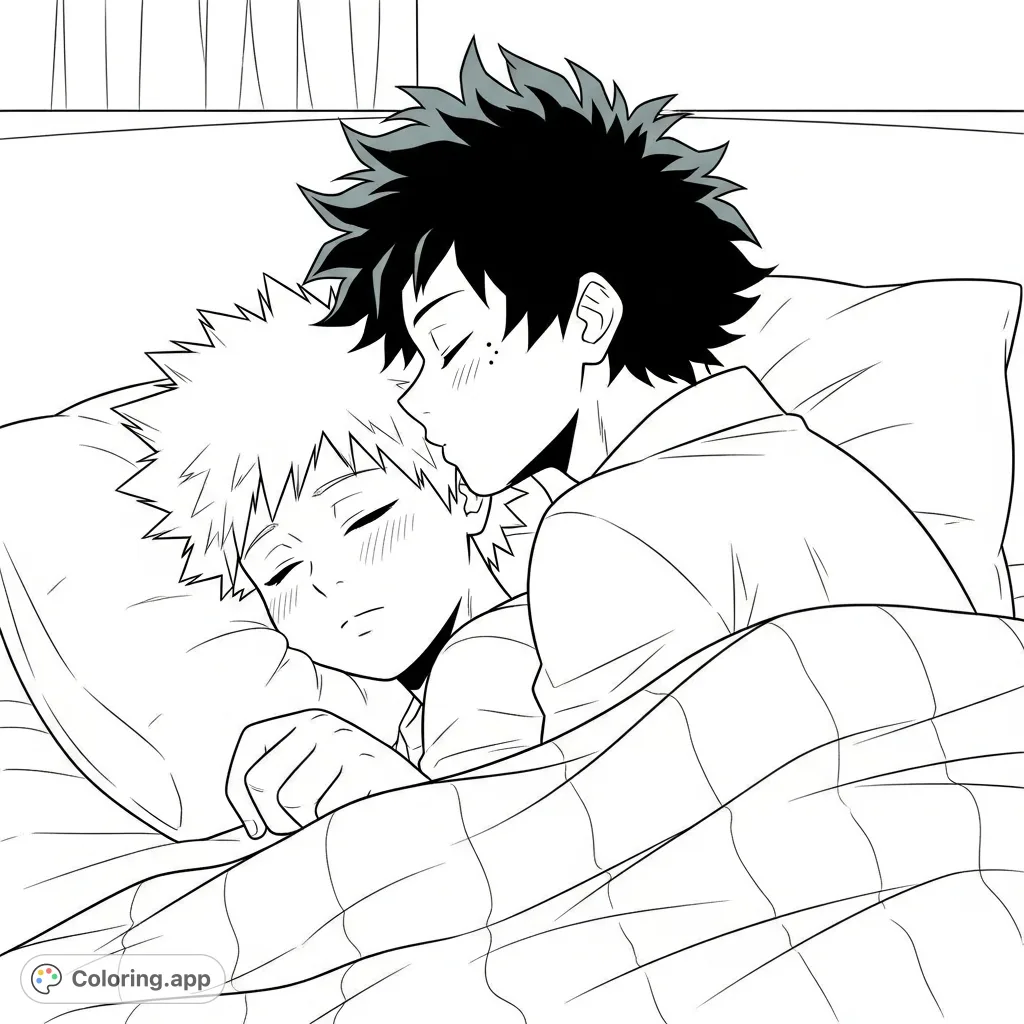 A tender Bakugo and Deku coloring page. One character sleeps peacefully as the other leans in for a gentle kiss, enveloped in a cozy bedroom. Perfect for fans.