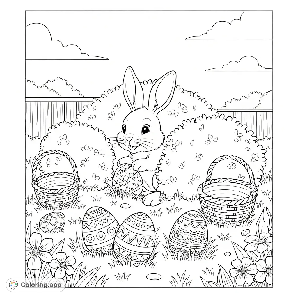 A charming Easter eggs hunt scene featuring a bunny with baskets in a backyard under a bright sky, perfect for a free printable coloring page and coloring pages for kids.