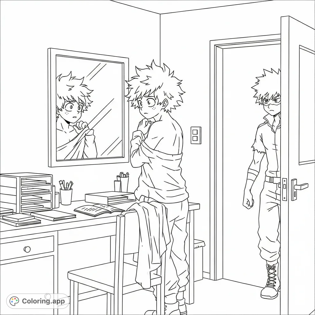An engaging My Hero Academia coloring page featuring Izuku Midoriya mid-change in his dorm room, with Katsuki Bakugo making an unexpected appearance.