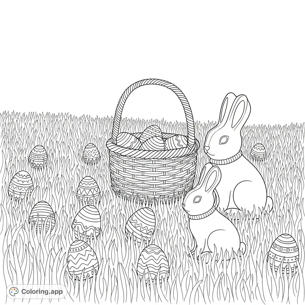 Embark on a delightful Easter egg hunt! Find hidden eggs, a waiting basket, and sweet chocolate bunnies nestled in lush grass. Perfect for holiday fun.