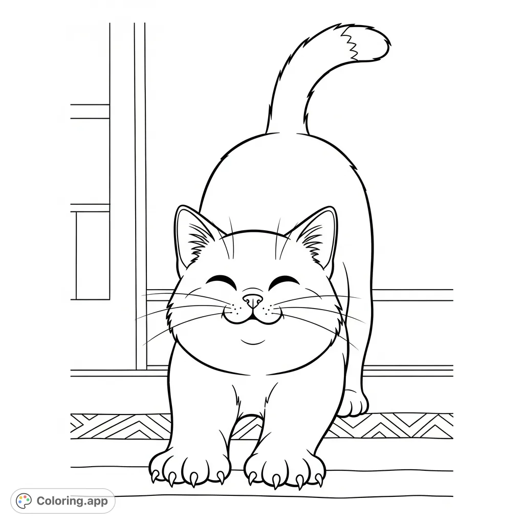 A charming happy cat stretching gracefully, looking cute and content. A delightful free printable cat coloring page for all ages.