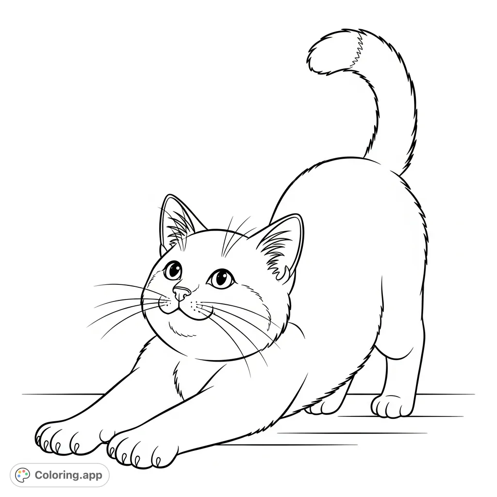 An adorable happy cat stretches cutely, inviting a delightful coloring experience. A charming feline scene for all cat lovers.
