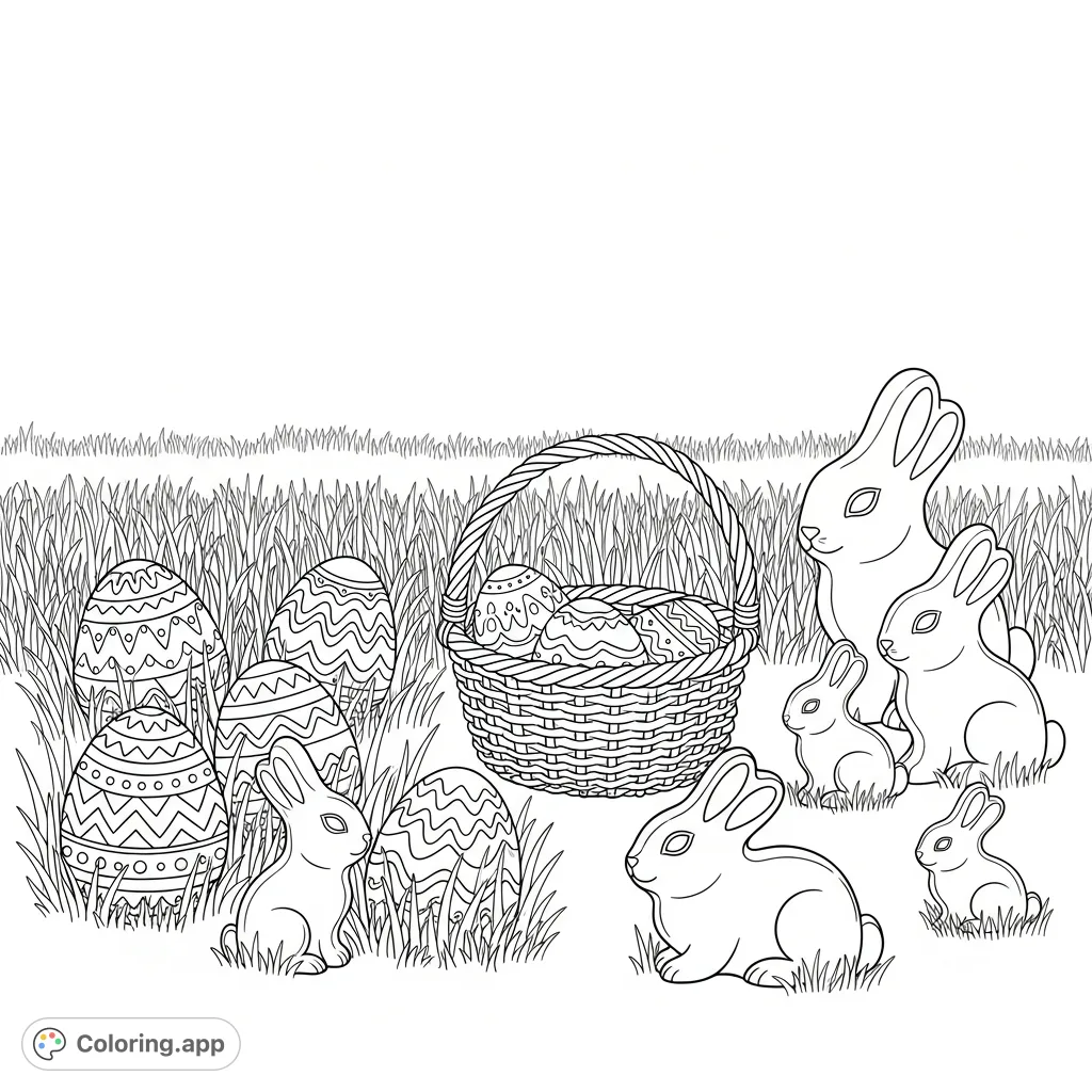 Discover a delightful Easter egg hunt scene! Find elaborately patterned hidden eggs, a wicker basket, and charming chocolate bunnies nestled in the grass. A festive scene awaits your creativity.